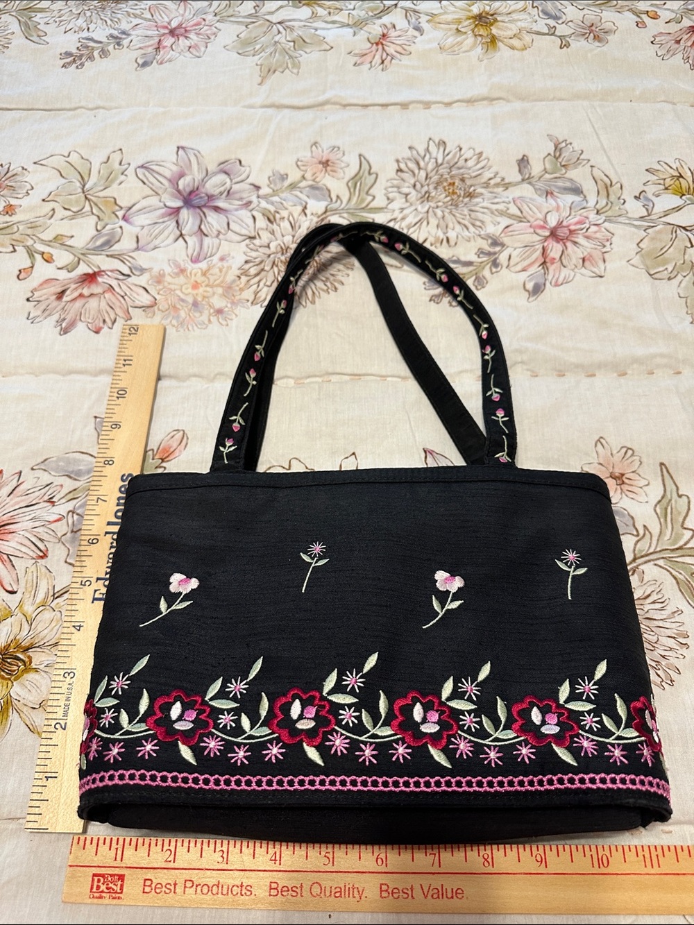 Liz Claiborne Vintage Black Shoulder bag with Pink and Green Floral Embroidery